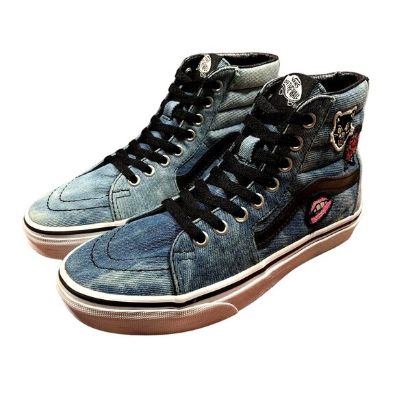 Vans Sneakers Womens Size 6 Blue Denim Acid Wash Patches High Top Skater Shoes - Picture 10 of 13